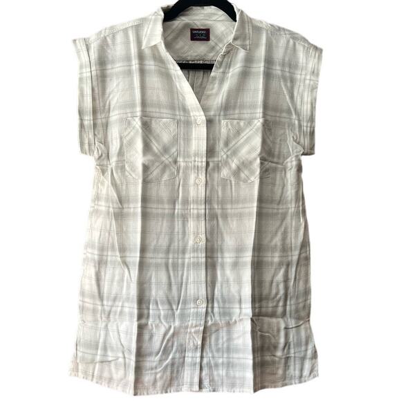 NWOT UNTUCKit Women's Villefranche Plaid Button Up Shirt Cap Sleeve Gray Size 4 - Picture 1 of 10